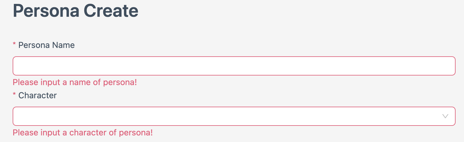 Screenshot of Persona creation form with red star fields